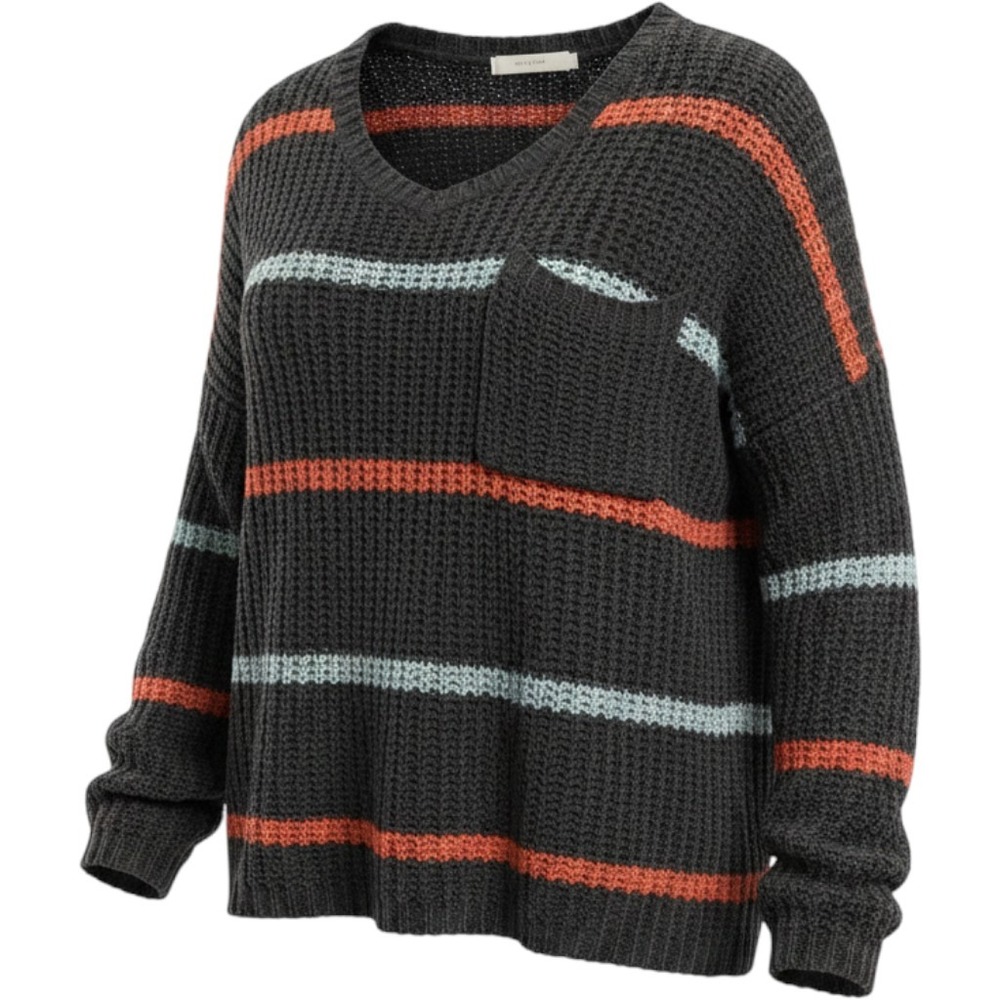 Free People Striped V-Neck Knit Sweater Charcoal Gray Orange XS Slouchy Pocket